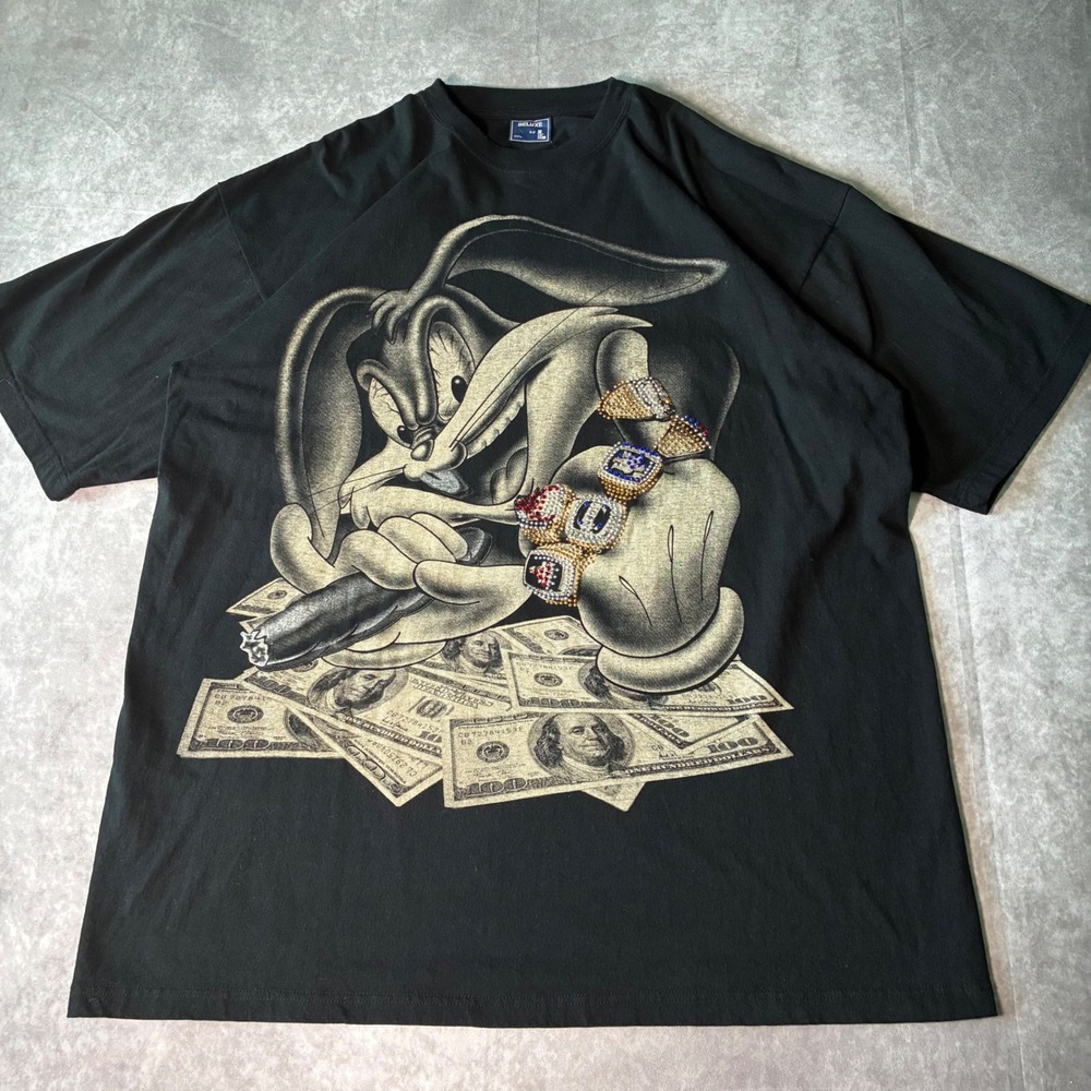 Y2K  grunge Bugs Bunny Money Rhinestone Graphic T-Shirt Black 3XL Streetwear